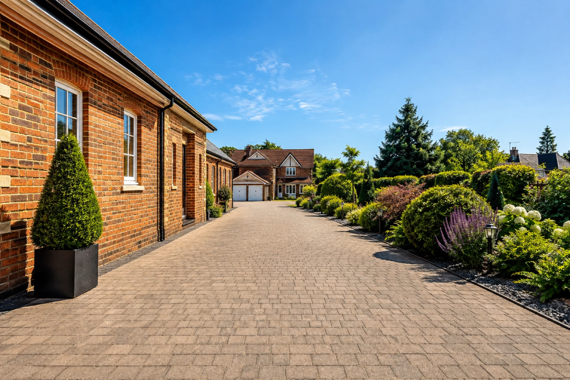 Freshly pressure-washed block-paved driveway outside a Herefordshire home